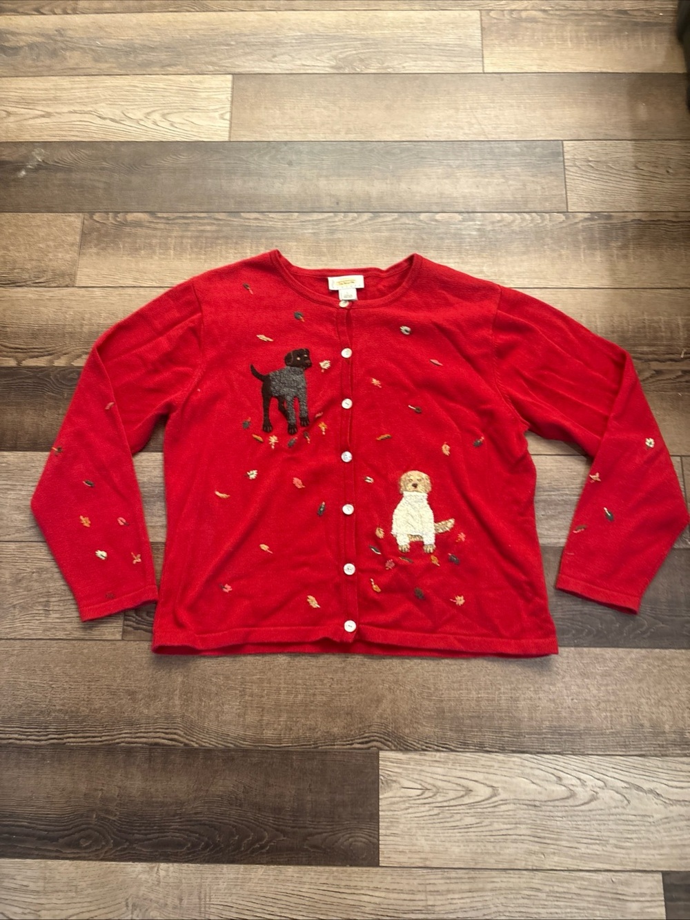 Vintage Talbots Red Sweater Cardigan Embroidered Dogs Fall Leaves Large